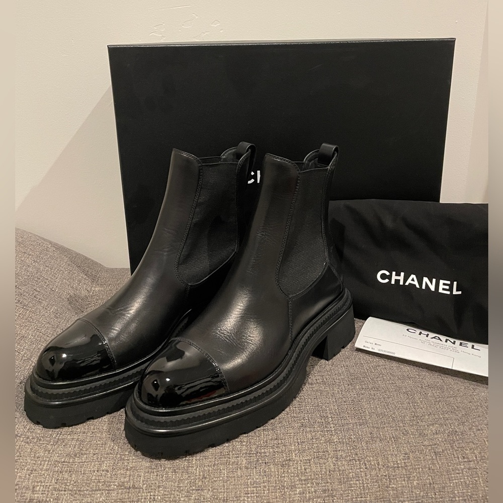 Chanel Black Lambskin Boots with Patent Tips, Size 36